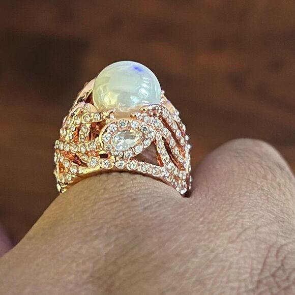 Art Deco Akoya Pearl Engagement Ring Delicate Moissanite  AKOYA PEARL DIAMOND COCKTAIL RING 6,7,9,10
